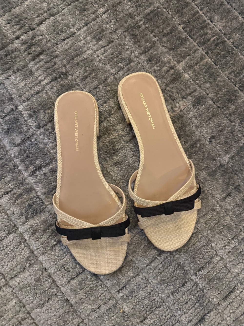 Stuart Weitzman Neutral Woven Slide with Black Bow